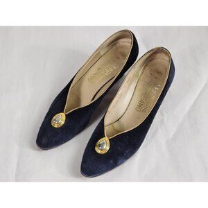 Salvatore Ferragamo Vintage Italian Suede Leather Embellished Kitten Heel Pumps